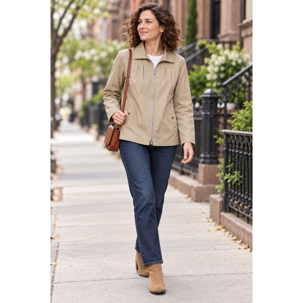 London Fog Vintage Tan Zip Up Jacket Pleated Yoke Size 2 Petite